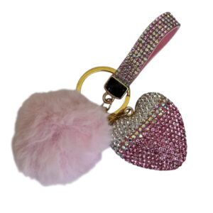 Vaaleanpunainen Kimaltava Sydän ja Pom Pom Avaimenperä