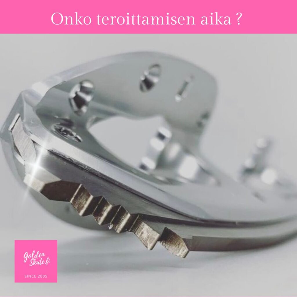 Lähikuva taitoluistimen terästä ja kärkipiikeistä teroitusopasta varten.